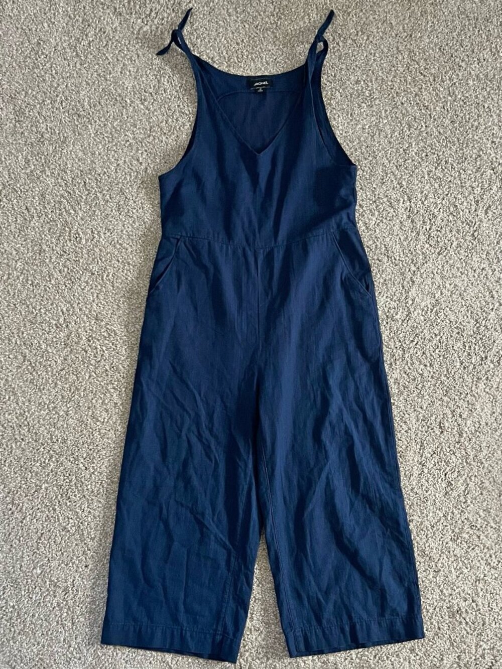 Monki Navy Tie-Strap Wide Leg Dungarees Jumpsuit Cotton Twill Cropped Size 38/M